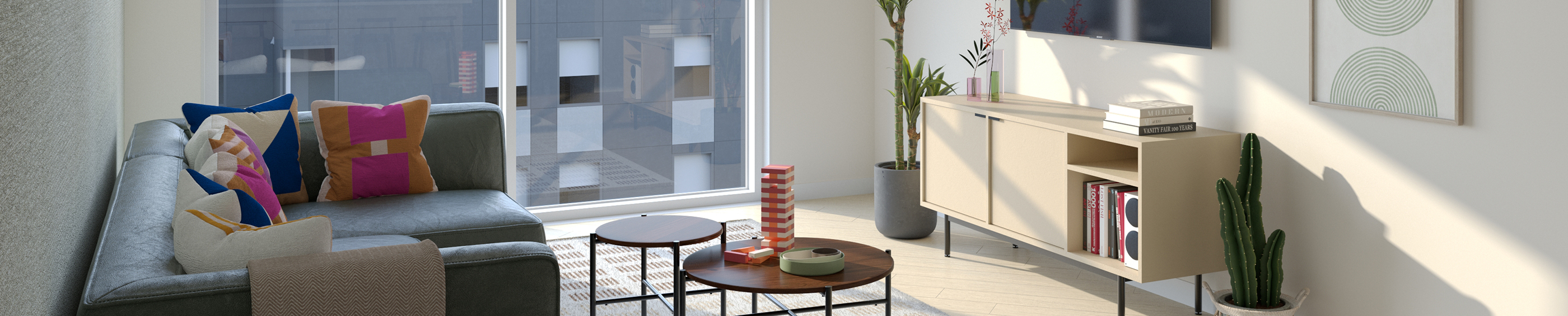 A living room with a coffee table